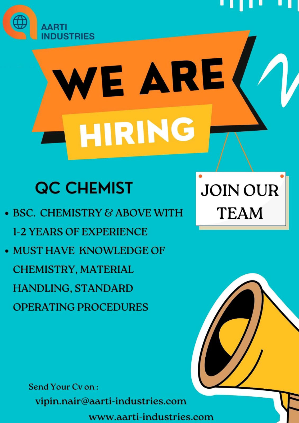 Job Available's for Aarti Industries Ltd Job Vacancy for QC Chemist