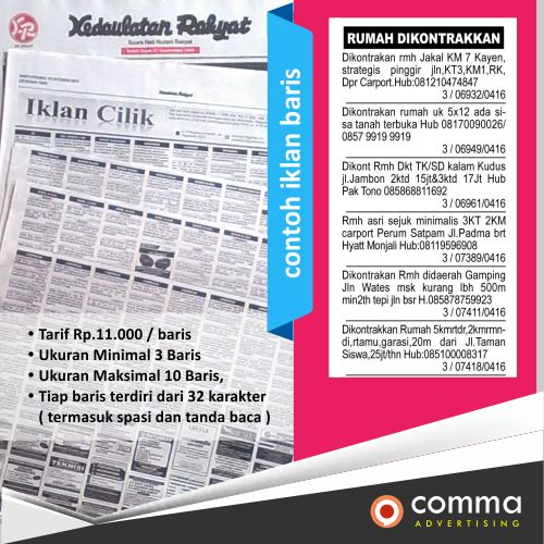 Iklan Rumah Disewakan Koran KR jogja - comma advertising