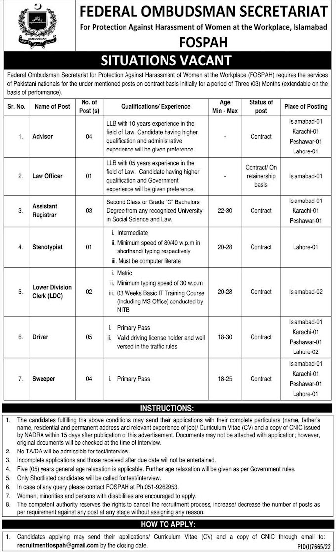 Federal Ombudsman Secretariat FOSPAH Jobs 2023