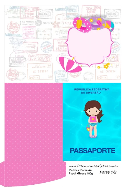 Imprimible con forma de Pasaporte de Fiesta en la Piscina para Niña Morena.