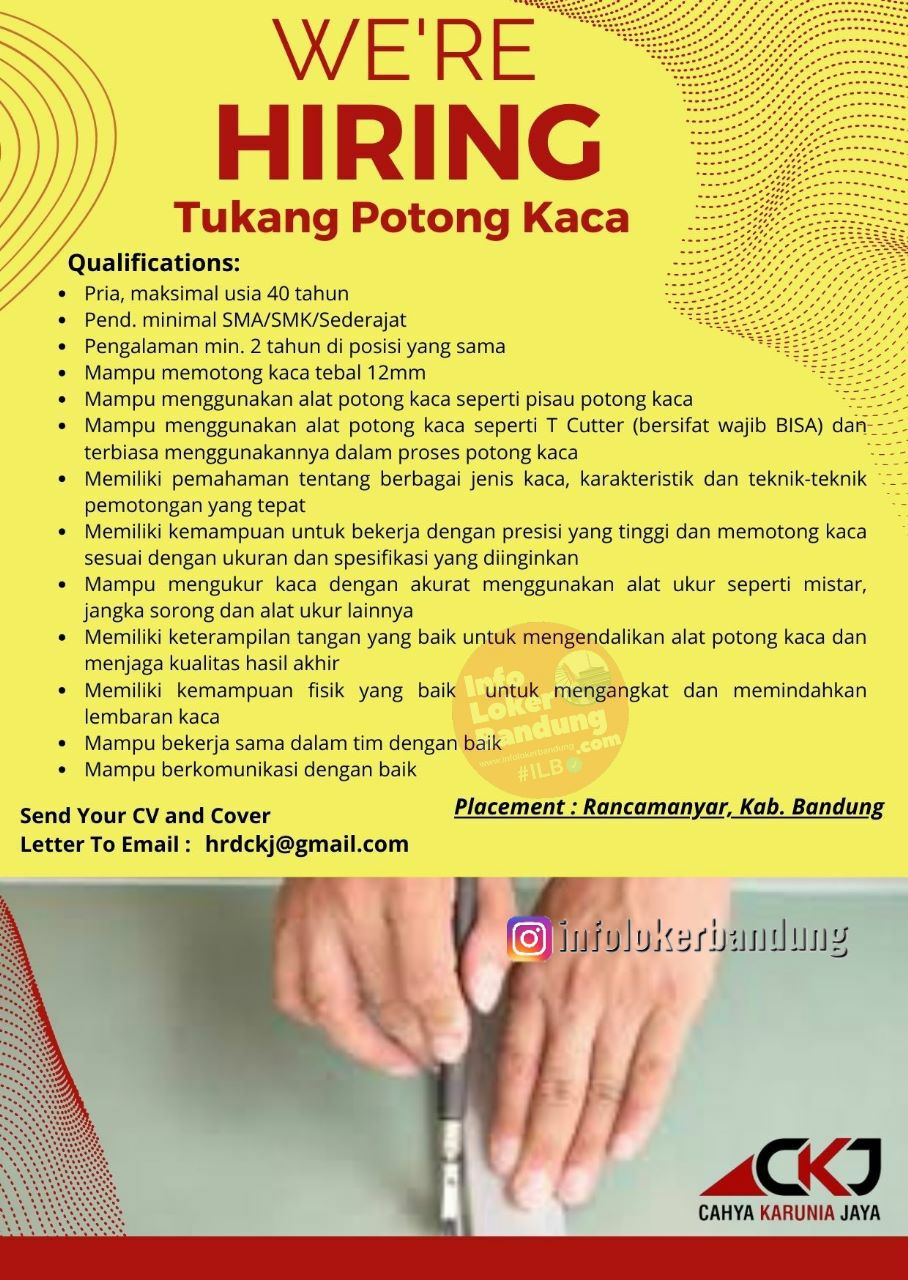 Lowongan Kerja Tukang Potong Kaca  Cahya Karunia Jaya Bandung Agustus 2023