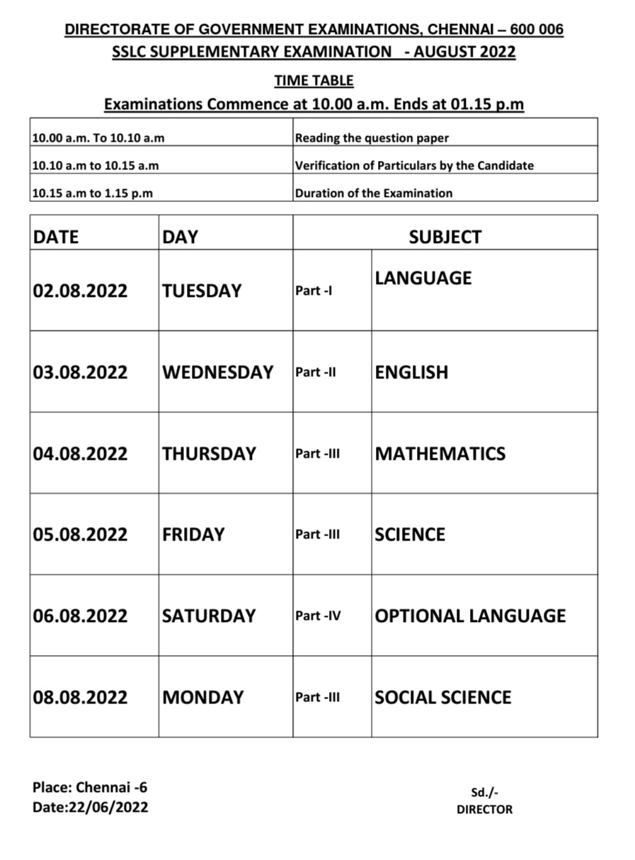 10th Supplementary Exam Time table- August 2022