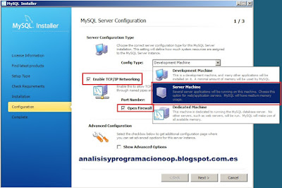 configuración del servidor en el instalador de MySQL