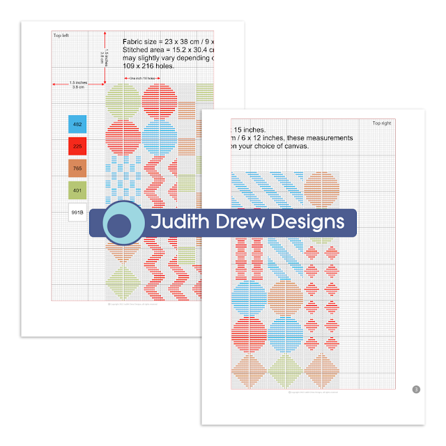 Judith Drew Designs example of two pages of the long stitch canvas work pattern chart.