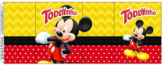 Mickey en Fondo Amarillo con Zigzags y Rojo con Lunares: Etiquetas para Candy Bar para Imprimir Gratis.