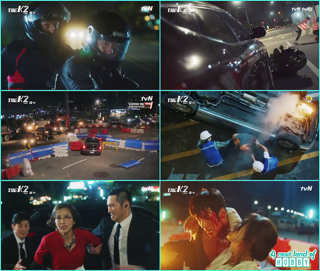  madam sectary car crush both hacker motor bikers and je ha was saved by the people on the site , je ha then take madam out of the car  - The K2 - Episode 3 Review (Eng Sub)