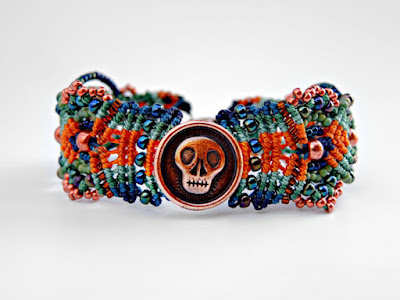 Micro macrame bracelet by Sherri Stokey with Skully focal.