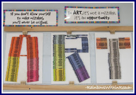 photo of: Art Room Bulletin Board Made of Crayons (Art Room RoundUP via RainbowsWithinReach)