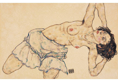 Egon_Schiele,_Kneeling_half_act_to_the_left_bent_(1917)