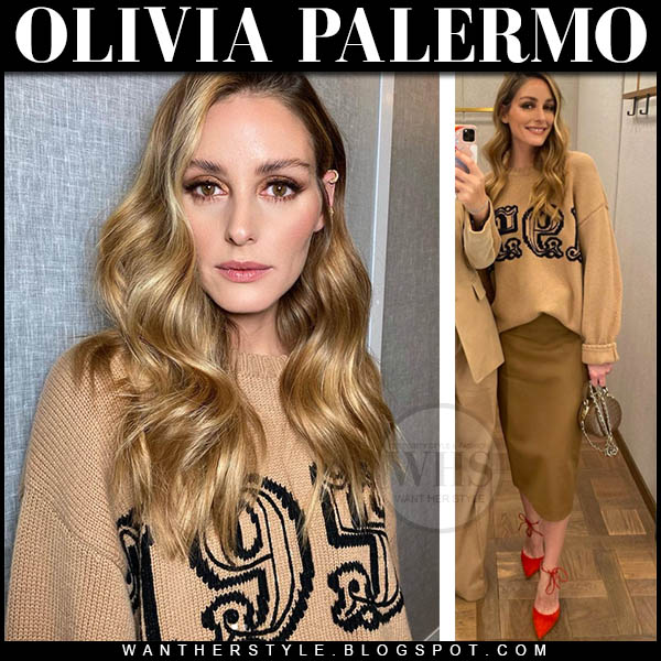 Olivia Palermo in camel knit sweater, camel leather skirt and red pumps