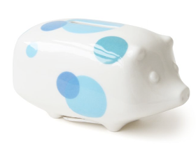 piggy bank, ceramic, white with blue