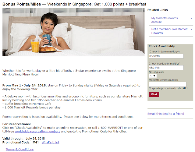 周末入住新加坡萬豪董廈酒店 (Singapore Marriott Tang PlazaHotel) 可獲得1,000積分和免費早餐(2018/7/24前)