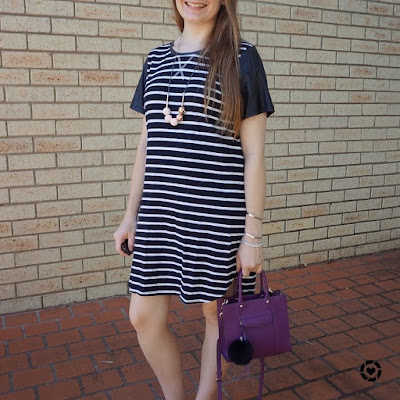 awayfromblue Instagram | all about eve striped black tee dress contrast sleeves pink and purple accessories