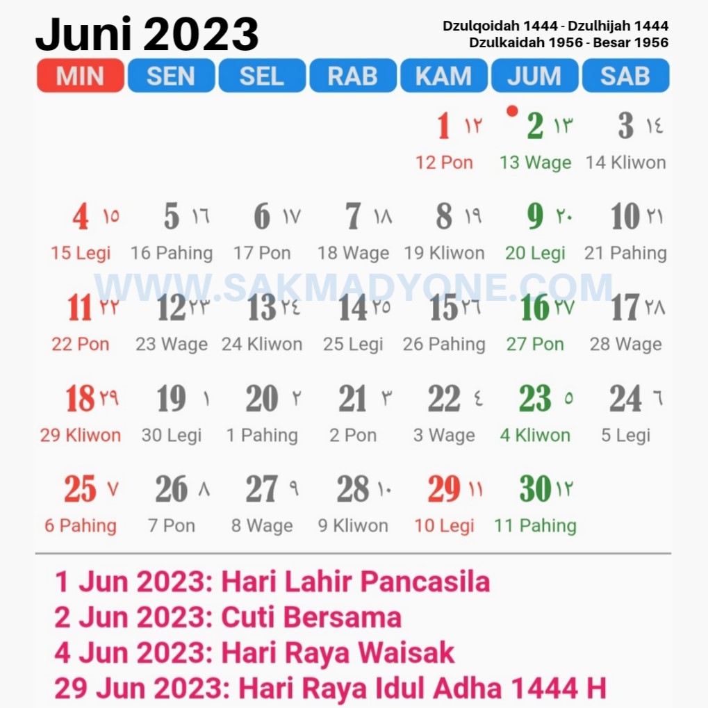 Kalender Jawa Juni 2023 Lengkap Dengan Weton