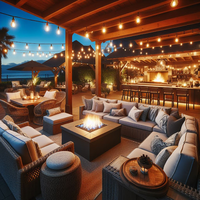Outdoor living area with comfortable seating, a fire pit, and string lights