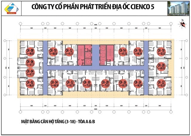 Mặt Bằng Tổng Thể Căn Hộ Tầng 3-18 Chung Cư HH02A, B Thanh Hà Cienco 5 Land