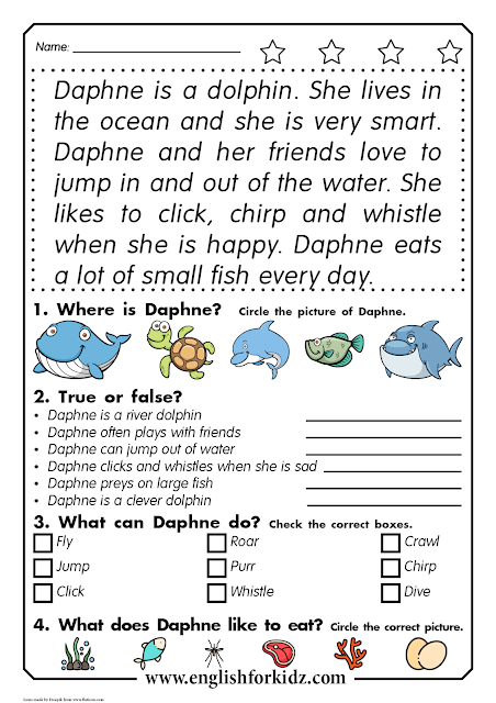 Reading comprehension worksheet - 2d grade, 3d grade - printable ESL resources