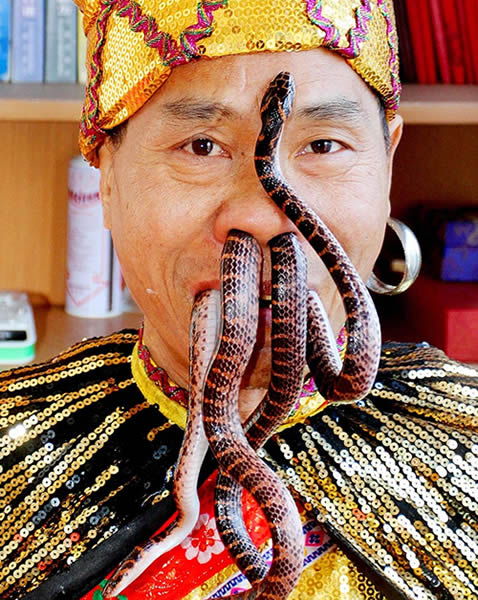 Liu Fei amazing man he let his snakes from entering the nose and mouth. Entertainer forces poisonous snakes through his nose and out of his mouth. Fei, from east China's Jiangxi Province.  amazingly enjoys putting 3ft long cauliflower snakes up his nose and letting them out of his mouth. The most serious being when he swallowed one accidentally. Entertainer Liu Fei is very popular in his little place Mianiang, China.