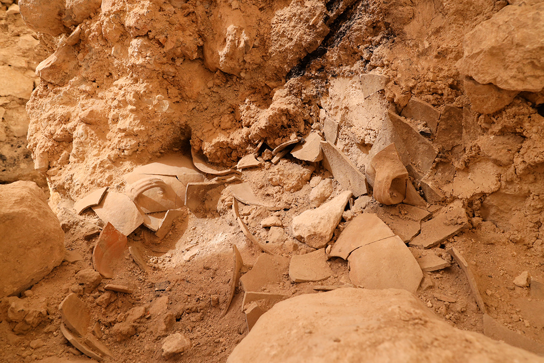 שברי הקנקנים כפי שנחשפו בחפירה. צילום- אליהו ינאי עיר דוד