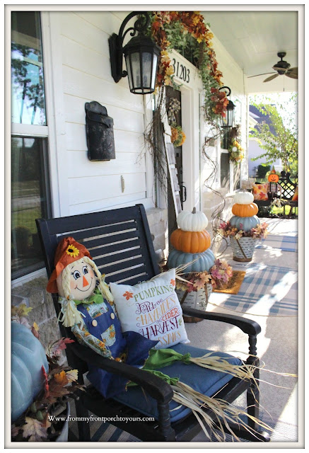 Fall -Porch-Suburban-farmhouse-rocking-chairs-porch-swing-stacked-pumpkins-From My Front Porch To Yours