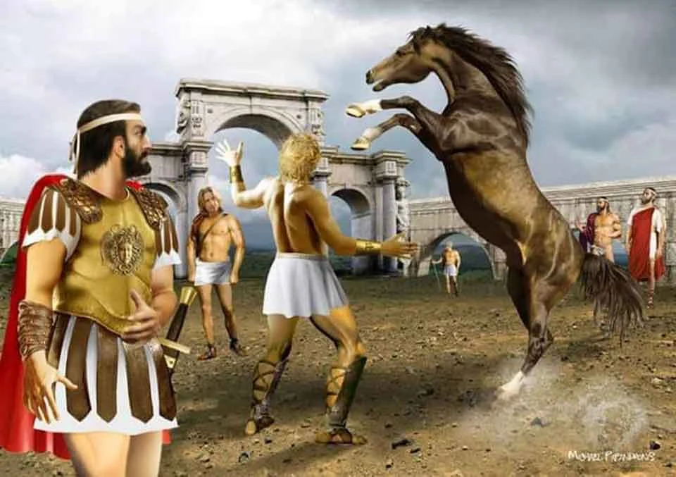 Alexander der Große und sein Pferd Bukephalos begutachtet von seinem Vater Phillip II von Makedonien