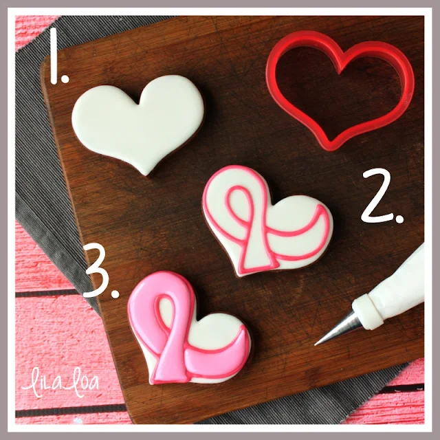 Step by step tutorial for making an awareness ribbon on a heart shape cookie