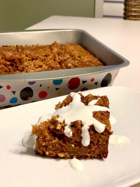 Apple cake in a polka dotted pan