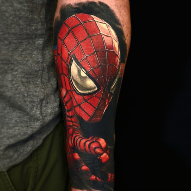 Arm tattoo of spider man character