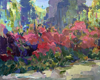 Flowers in a garden impressionist summer floral painting by New England artist Karri Allrich, 24x30 inches on canvas.