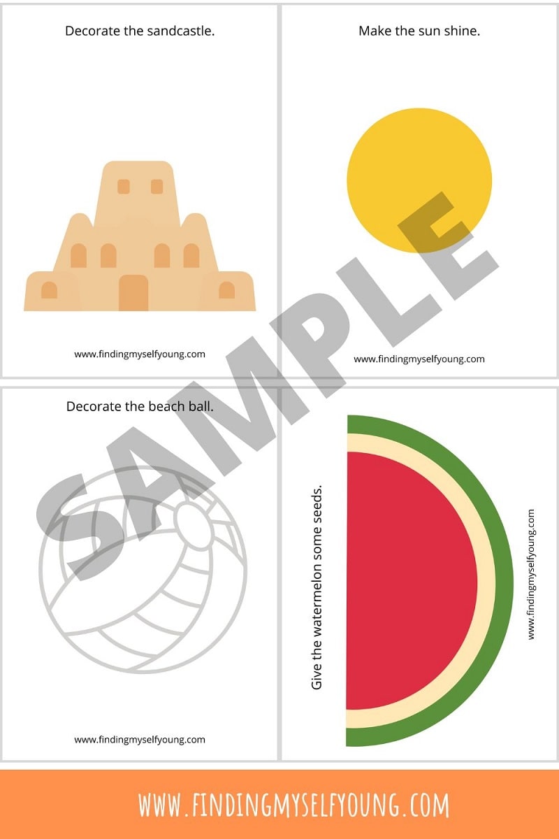 sample image of free printable sandcastle, sun, beach ball and watermelon playdough mats