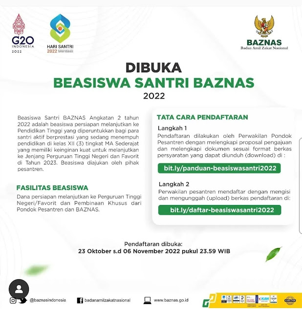 Beasiswa Santri BAZNAS 2022 Deadline 06 November 2022