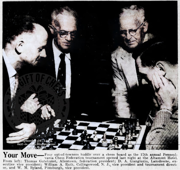 Four out-of-towners huddle over a chess board as the 17th annual Pennsylvania Chess Federation tournament opened last night at the Altamont Hotel. From left: Thomas Gutekunst, Allentown, federation president; D. A. Giangiuzio, Lansdowne, executive vice president; William A. Ruth, Collingswood, N. J., vice president and tournament director, and W. M. Byland, Pittsburgh, vice president