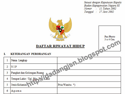 Blangko / Formulir Daftar Riwayat Hidup Berdasarkan Kepka 