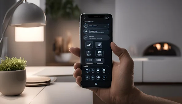 Person interacting with smart home features via a smartphone app, showing controls for lighting, security, and temperature in a comfortable home environment.