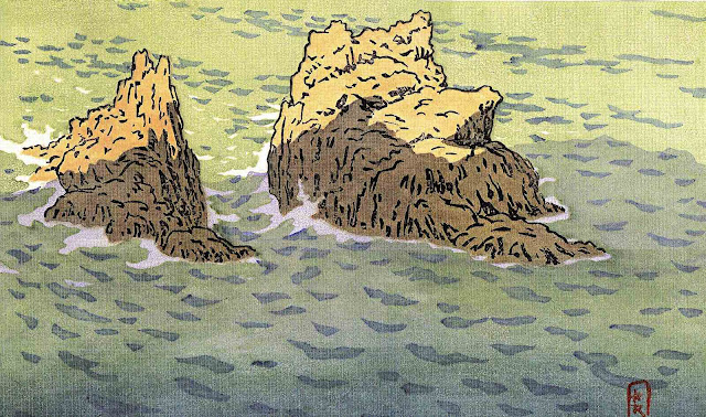 Henri Rivière art, 2 big rocks in the sea