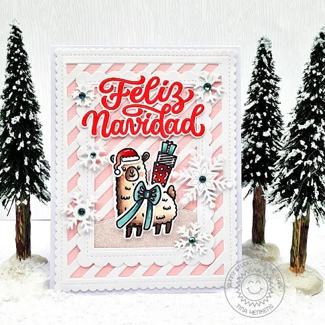 Sunny Studio Stamps: Feliz Navidad Holiday Card by Tiny Henkens (featuring Mini Mat & Tag Dies, Circle Snowflake Frame Dies, Lovable Llama, Frilly Frame Dies)