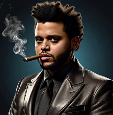 From the chest up wearing a black leather blazer and smoking a cigar The Weeknd