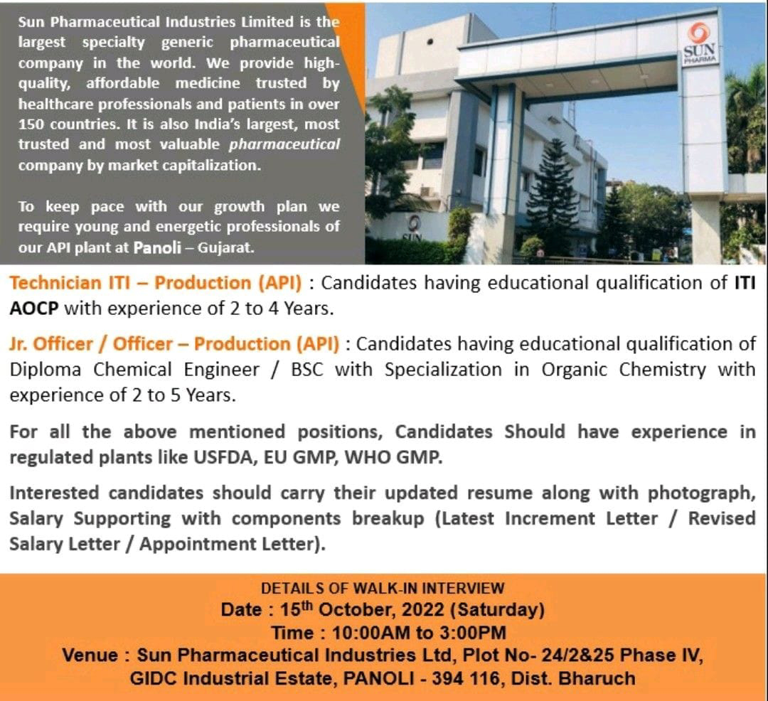Job Availables for Sun Pharmaceutical Industries Ltd Walk-In Interview for Diploma Chemical Engineer/ BSc/ ITI - AOCP