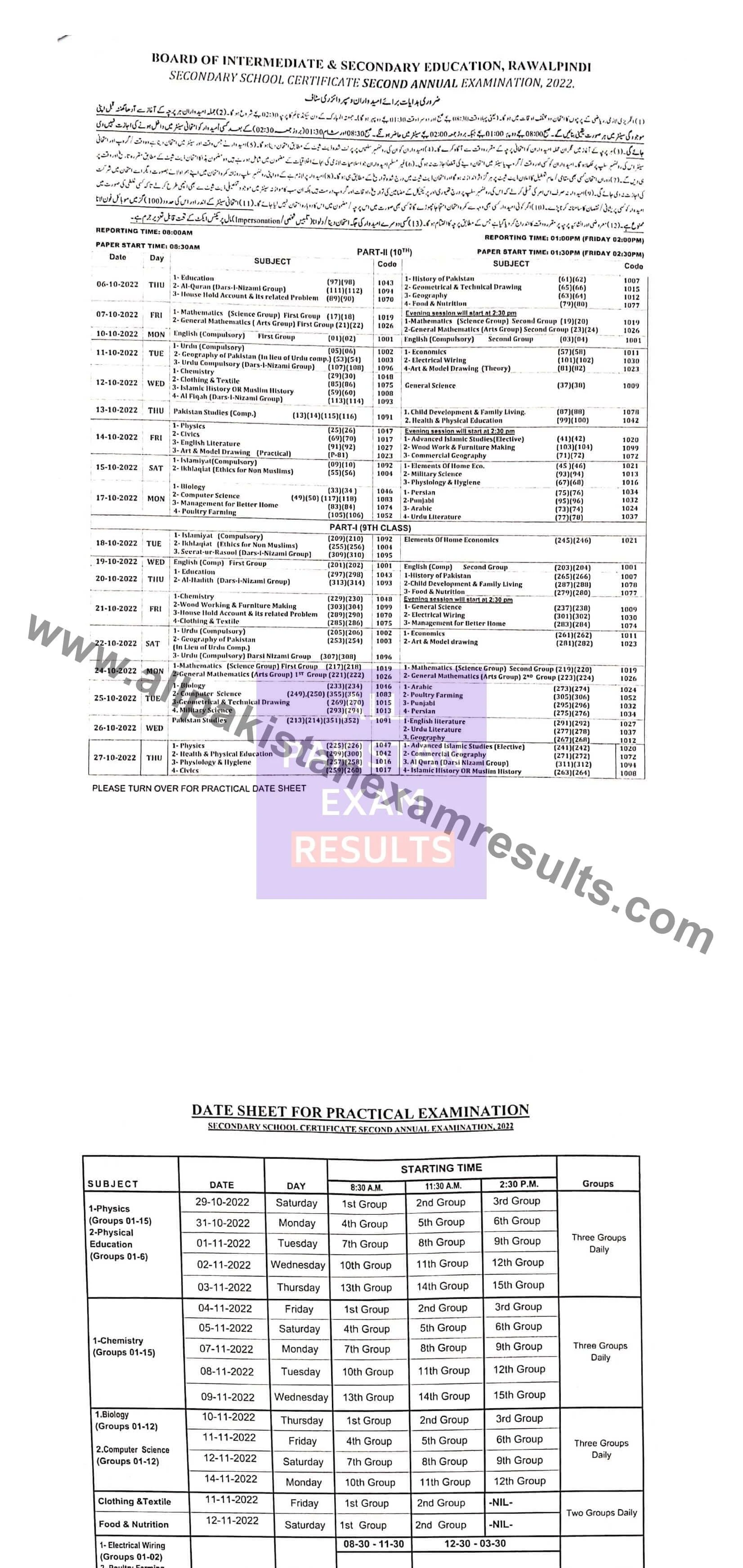 BISE Rawalpindi 2nd Annual Matric Date Sheet 2022