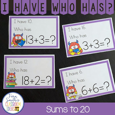 My students LOVE I Have, Who Has? Games and your students will too! You will love how easy it is to prepare this I Have Who Has Game for your class. You can play it with your whole class or in small groups. In small group lessons you can give each student three to four cards and everyone is involved REPEATEDLY! Keep your students alert and on their toes for a fast round of I Have, Who Has? and you will not only be reviewing important skills, but bring joy and fun to your lesson too. A teacher answer key is included so you OR A STUDENT HELPER, can follow along and help the class when one student is stuck! Enjoy! I Have, Who Has? Monster Themed Sums to 20 and a Teacher Answer Key by Fern Smith's Classroom Ideas.