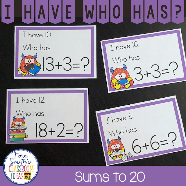  My students LOVE I Have, Who Has? Games and your students will too! You will love how easy it is to prepare this I Have Who Has Game for your class. You can play it with your whole class or in small groups. In small group lessons you can give each student three to four cards and everyone is involved REPEATEDLY! Keep your students alert and on their toes for a fast round of I Have, Who Has? and you will not only be reviewing important skills, but bring joy and fun to your lesson too. A teacher answer key is included so you OR A STUDENT HELPER, can follow along and help the class when one student is stuck! Enjoy! I Have, Who Has? Monster Themed Sums to 20 and a Teacher Answer Key