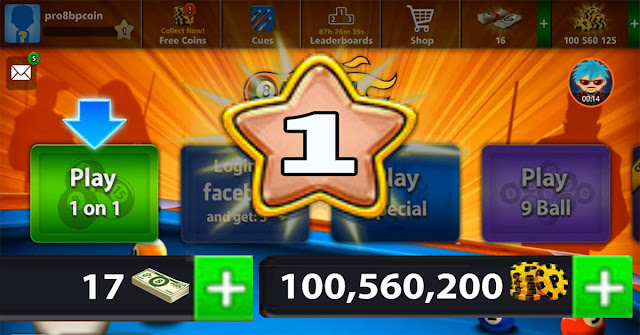 coins 8 ball pool 100 Million Level 1 cash 16