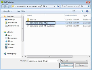 Browse to location where you have downloaded org.apache.commons.lang3 and select commons-lang3-3.4.jar.