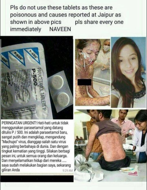 Peringatan! Hati-Hati! Obat Paracetamol P-500 Mengandung Virus Machupo yang Mematikan. Share biar saudara-saudara kita tidak terkena penyakit ini...