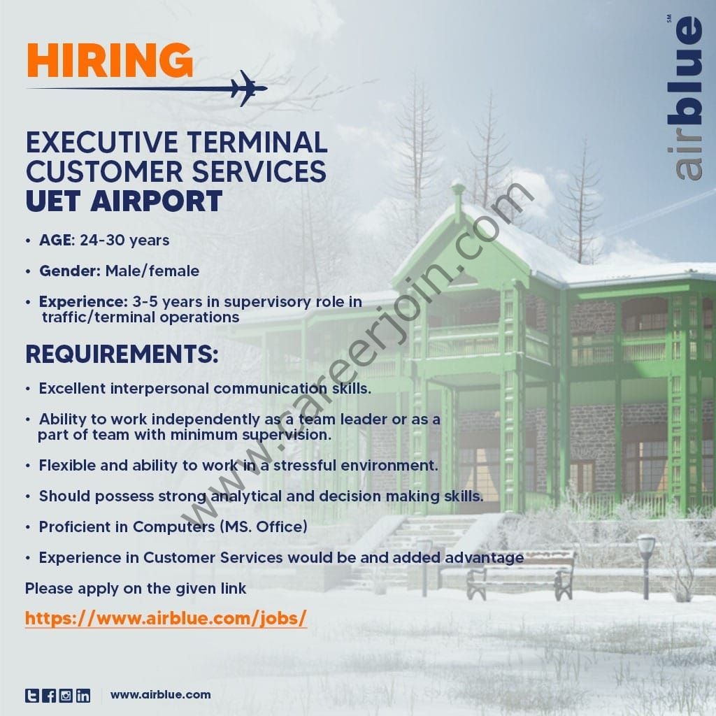 Airblue Pakistan Jobs Executive Terminal Customer Services