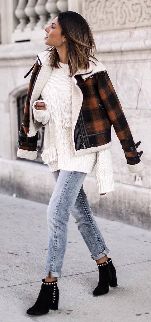winter street style obsession / plaid jacket + white sweater + jeans + boots
