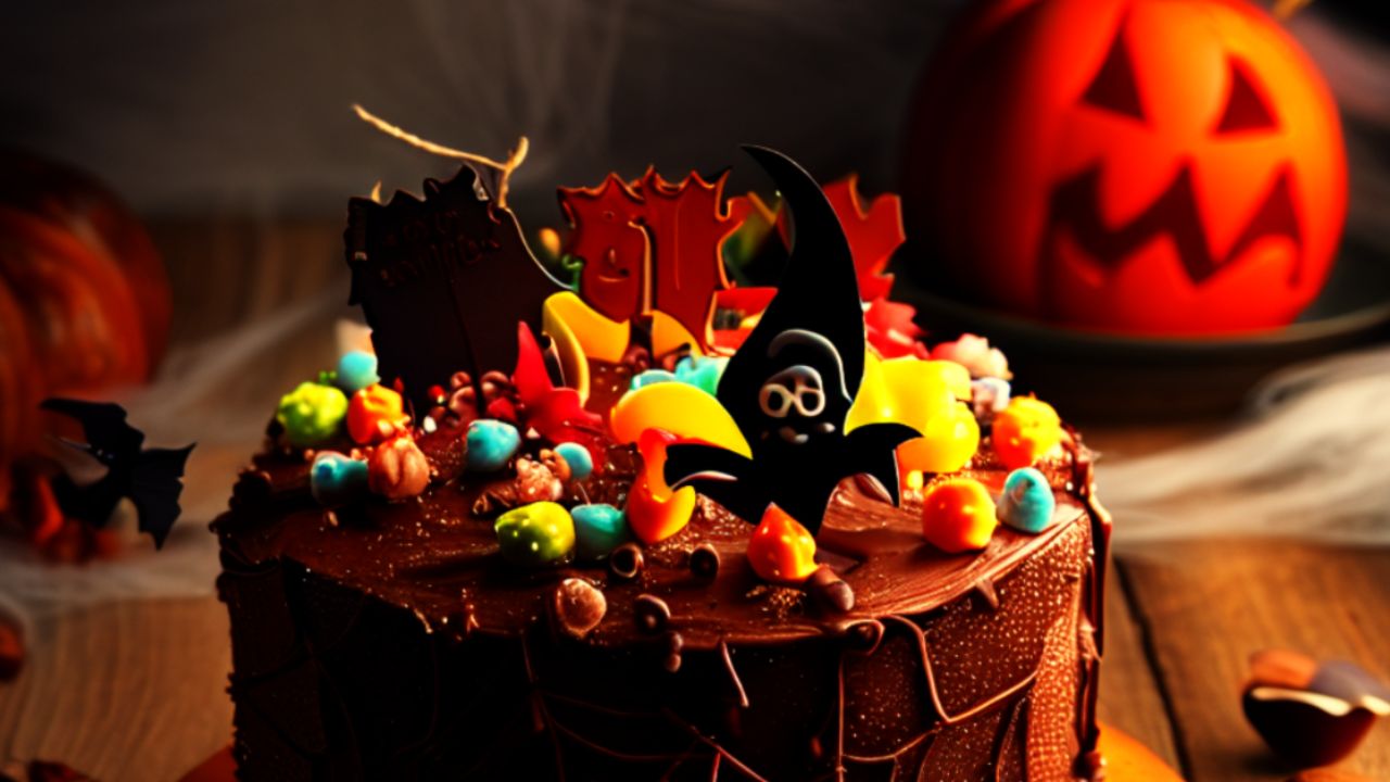 Bolo de Chocolate com Decoração Halloween em uma festa assustadora.