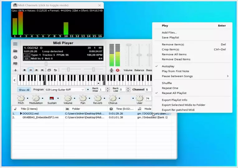 SoundFont Midi Player :  Δωρεάν πρόγραμμα αναπαραγωγής midi σε πραγματικό χρόνο