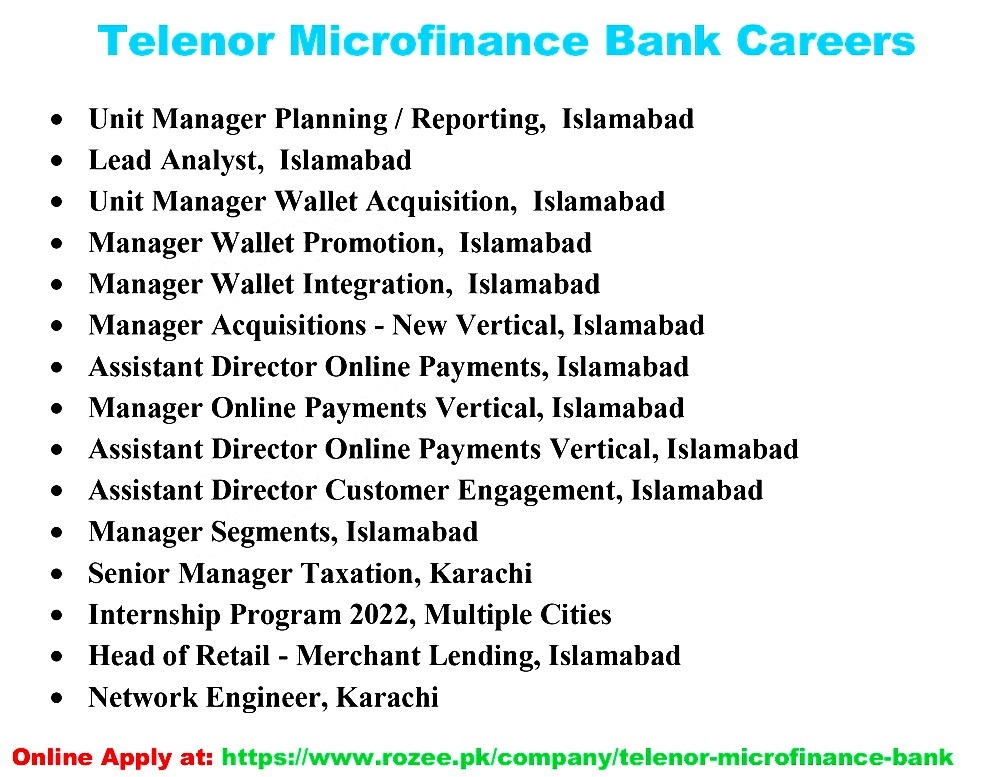 Telenor Microfinance Bank New Jobs 2022 Across Pakistan Fill Online Form