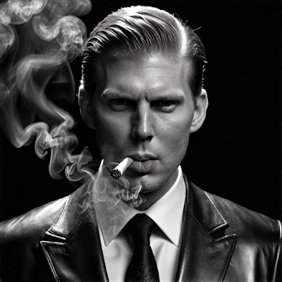 Black and white photo of Eric Trump from the shoulders up smoking a cigar wearing a black leather blazer hair comb back slickly